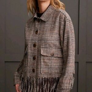 Tribal Plaid Flannel Fringe Chore Shacket Shirt‎ Jacket Size M Cowgirl Western